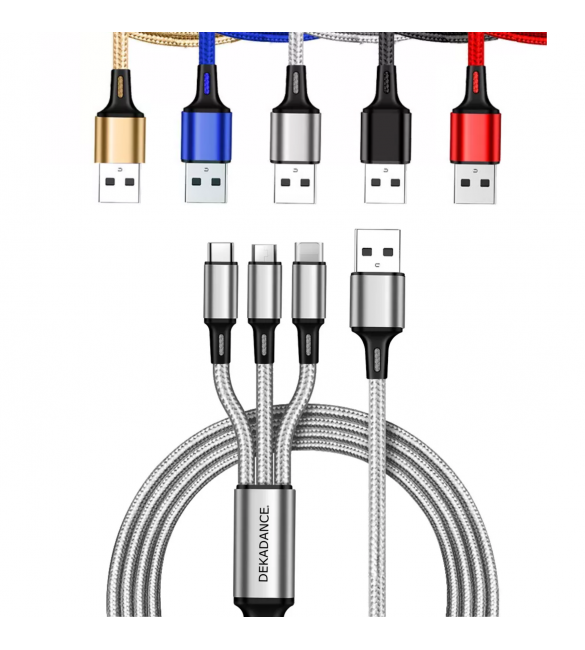 Câble Multi USB 3 en 1 Tressé et Renforcé - USB-C, Micro-USB et
